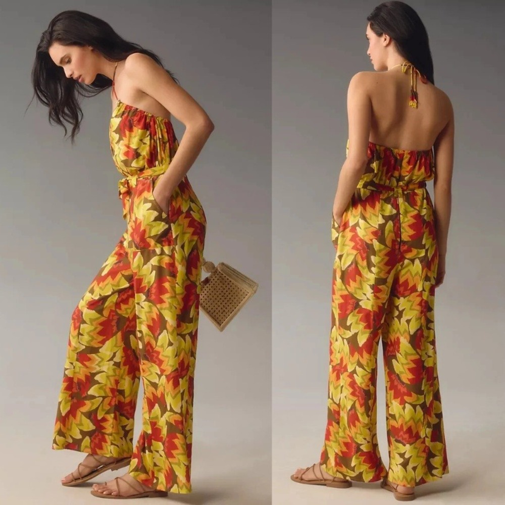 Farm Rio x Anthropologie Fruit Print Jumpsuit Wide Leg Halter Size Large